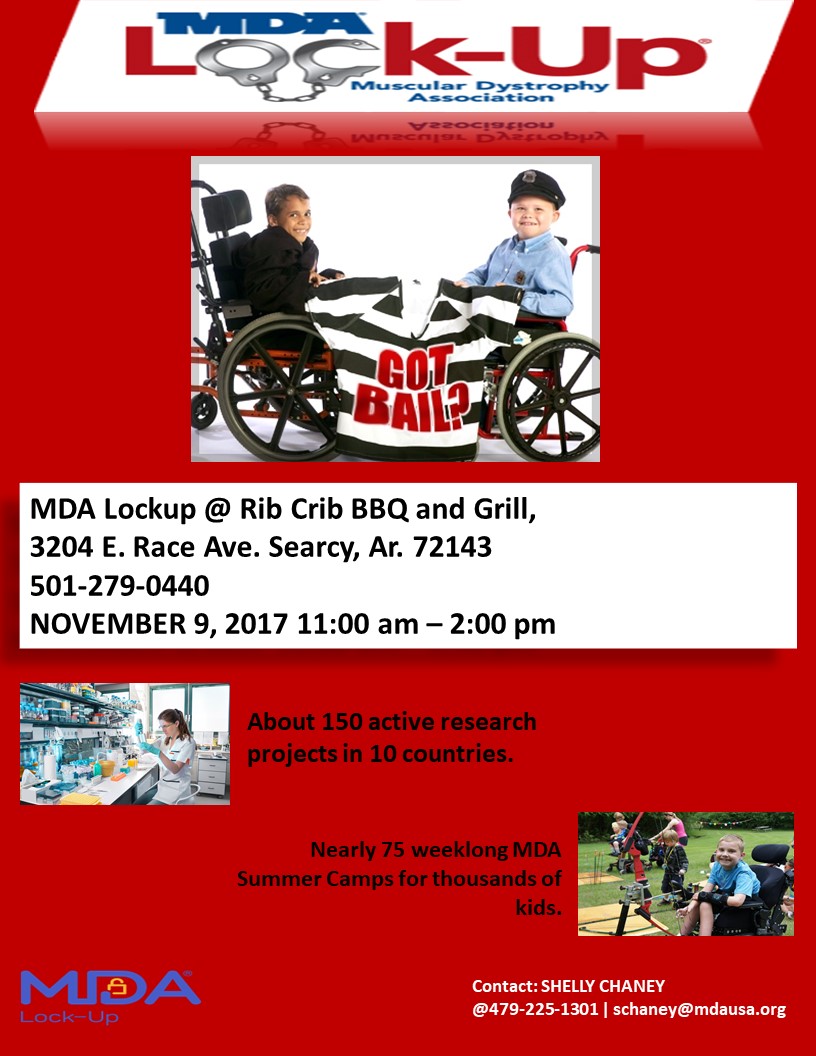 This is a event poster for MDA Lock-Up event. It has two kids in a wheelchair in the upper center                        of the page. Event information in the center of the page and two different pictures toward the bottom about MDA research.