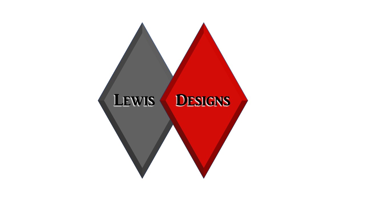 Two diamonds. One dark gray and one red. Both beveled. The dark gray has Lewis in black with a white shadow.                               The red diamond has Designs in black and a white shadow.