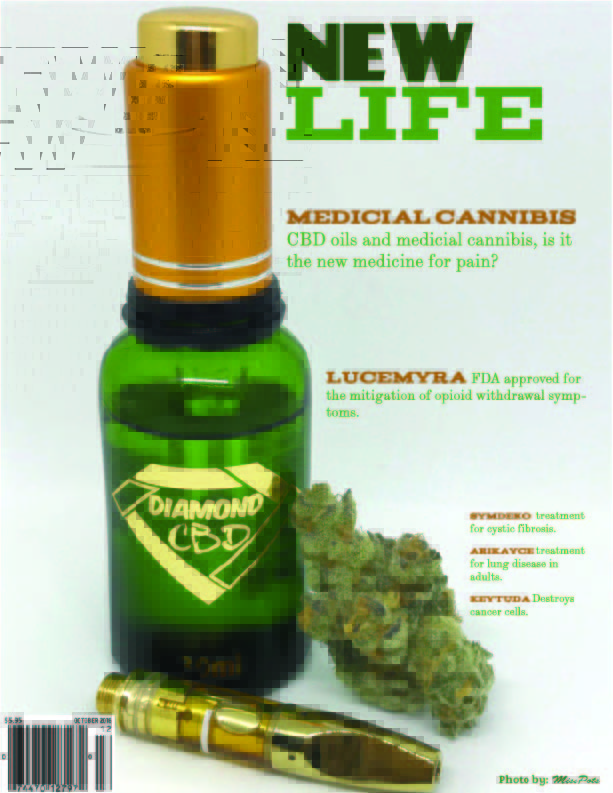 A magazine cover with a bottle of CBD oil, a vap pen, and a bundle of mj on the left centerish of the page                     . Five different articles listed on the right side of the cover. Photo was taken by Brooke Lewis aka: Miss Pots.