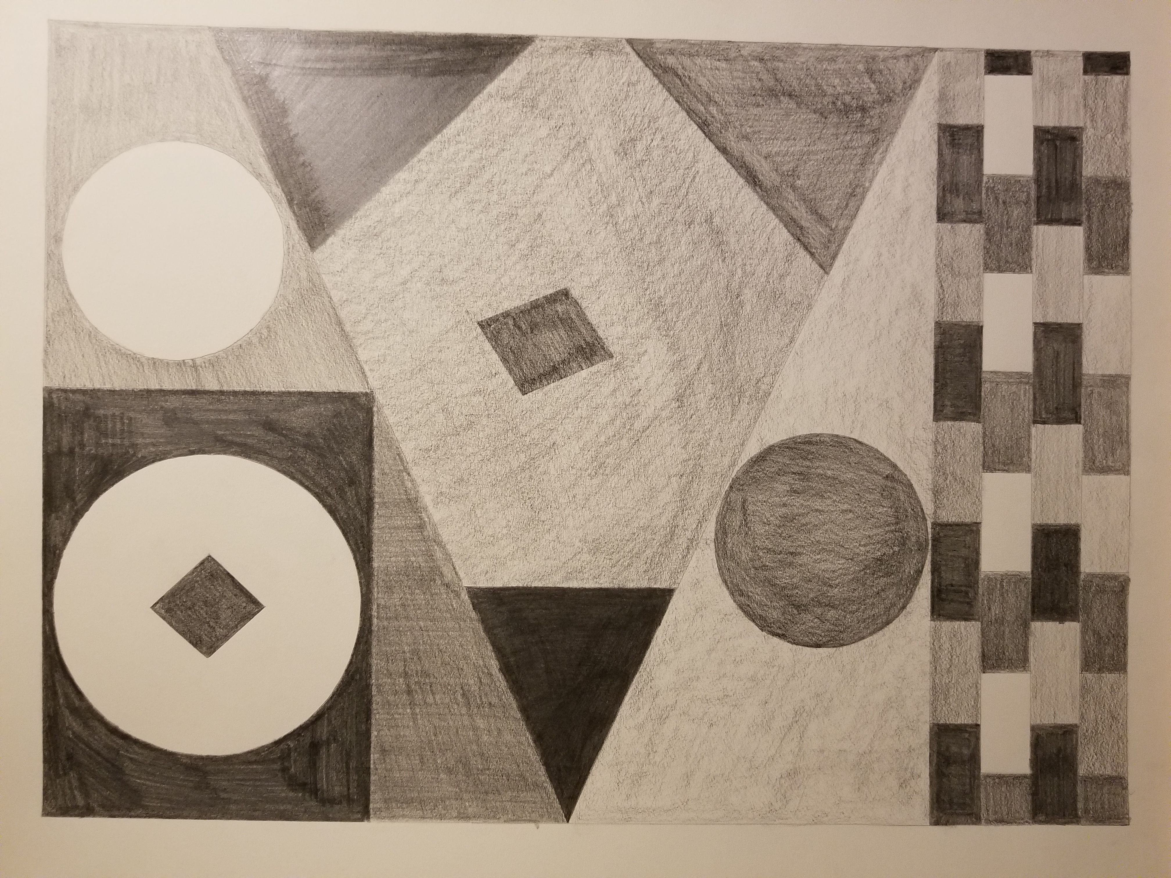 Different geometric shapes in different shades of graphite pencils.