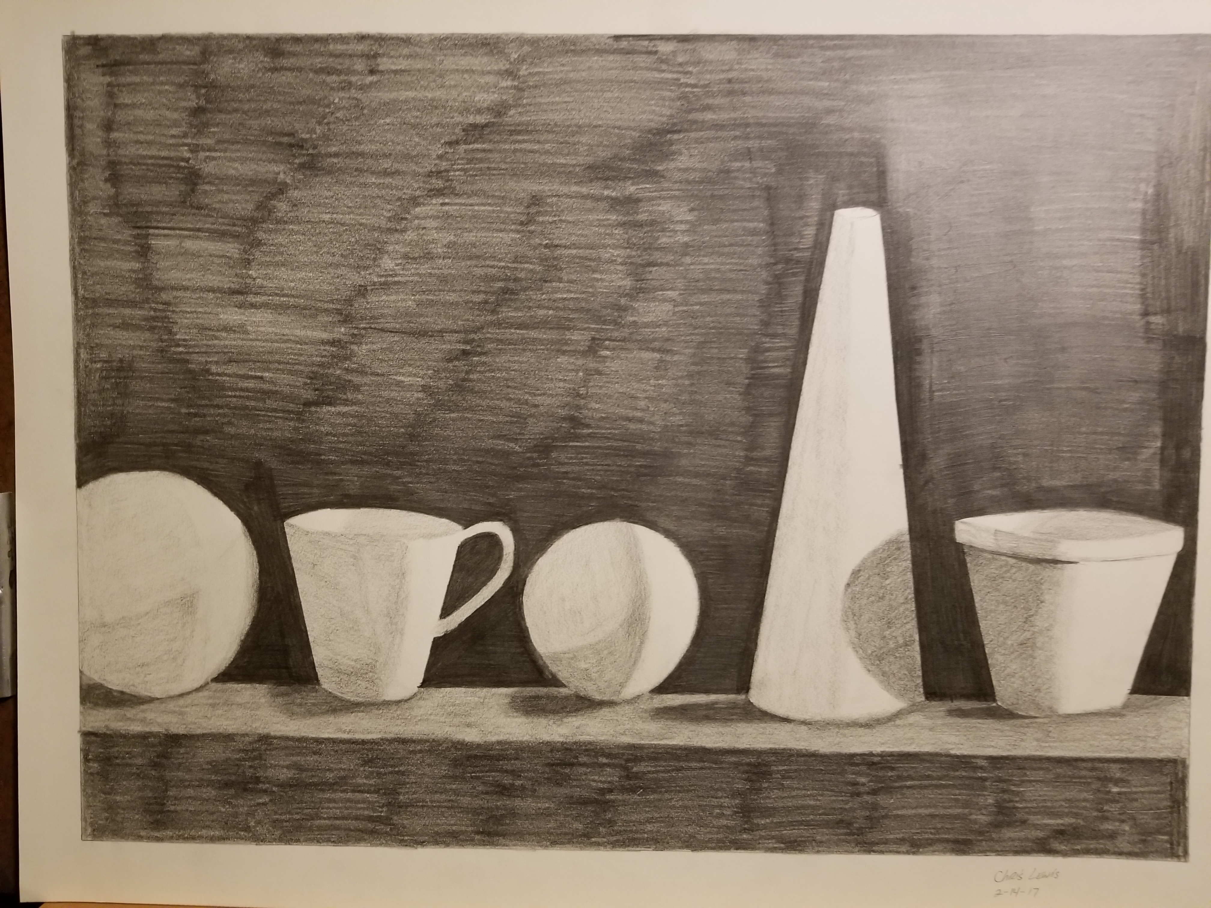 A picture of a ball, coffee cup, smaller ball, a tall cone, and a small cup in a row. It shows the shading and                   shadows of light.