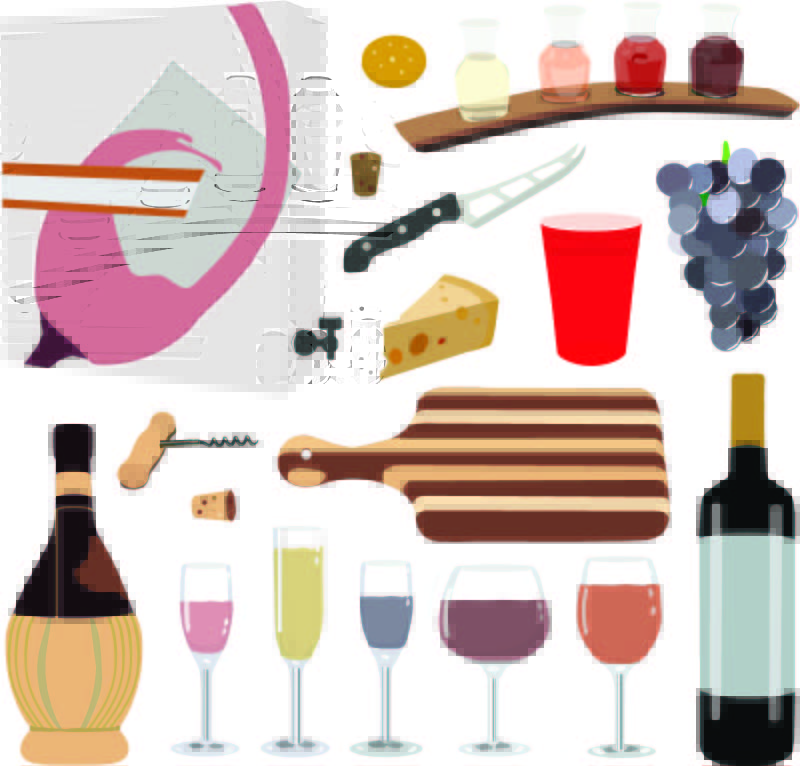 Different items such as: a box of wine, ritz cracker, two corks, two wine bottles, five                                 different size/shapes of wines, red solo cup, a slice of cheese, a knife, a bundle of grapes, and four samples of different wines in glasses                           .